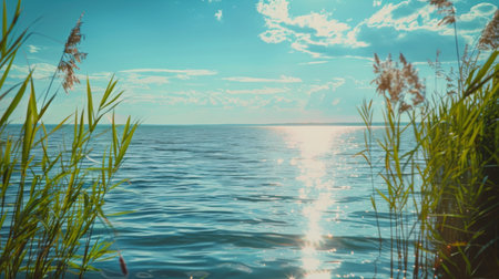 A body of water with ripples, enclosed by tall green grasses in a natural setting.の素材