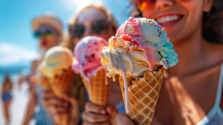 A delightful image of people enjoying colorful scoops of ice cream on a hot day.の素材