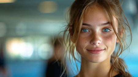 A woman with striking blue eyes poses for a picture, showing her unique features and confidence.の素材