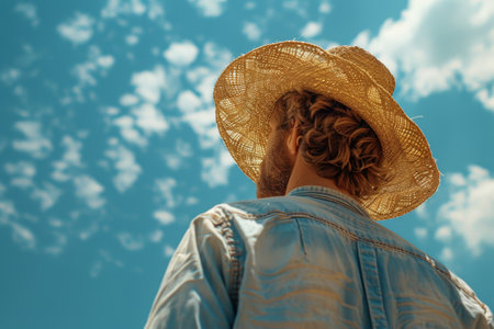 A man in a straw hat stands outdoors, gazing upwards at the sky. The brim of his hat partially shades his face as he observes the clouds above.の素材