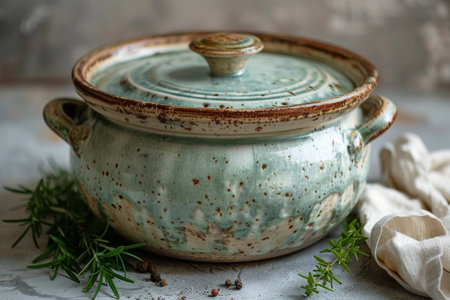 A ceramic pot with a lid placed on a surface, with a sprig of rosemary resting on top. The pot is neutral in color, and the rosemary adds a touch of green to the composition.の素材