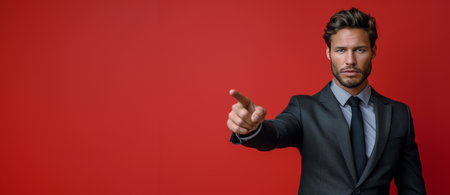 A man dressed in a suit standing in front of a vibrant red wall, pointing his finger towards it in a gesture of focus and direction. The contrast between the formal attire and the bold color of the wall creates a striking visual impact.の素材