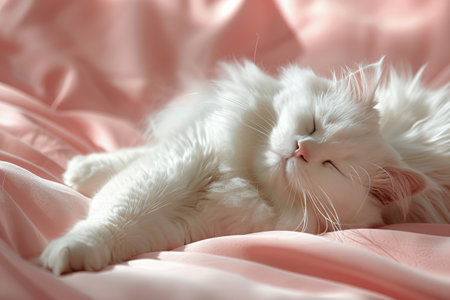 A white cat sleeps peacefully on a soft pink blanket, curled up in a cozy position. The cats fur is fluffy as it rests peacefully in a comfortable spot.の素材