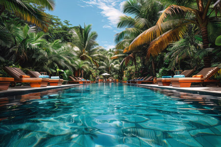 A row of lounge chairs is neatly aligned next to a sparkling swimming pool. The chairs are empty, basking in the suns rays. The pool water glistens under the clear blue sky, inviting relaxation and leisure.の素材