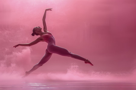 A woman wearing a pink leotard is energetically dancing in shallow water. She gracefully moves her body to the rhythm, creating ripples in the water around her.の素材