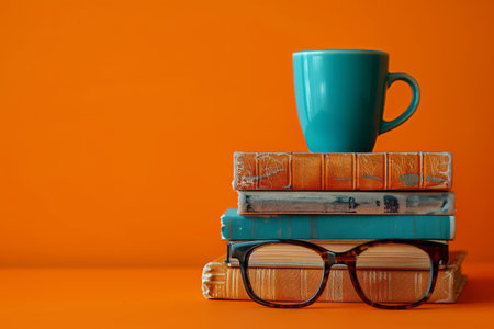 A neat stack of books sits next to a steaming cup of coffee and a pair of reading glasses on a wooden table. The glasses are open, signaling someone has been reading.の素材