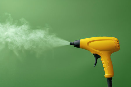 A yellow blow dryer emits a spray of water against a vibrant green background. The water droplets create a dynamic and interesting visual effect.の素材