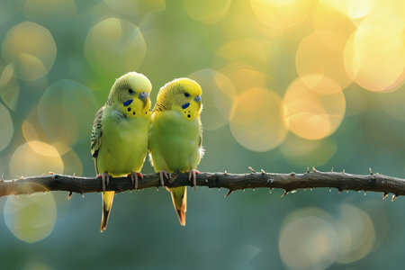 Two vibrant green parakeets perched on a sturdy tree branch. The pair are peacefully settled, showing their colorful feathers and delicate features. The birds look alert, perhaps contemplating their next move in their natural habitat.の素材