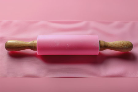 A pink roller with a wooden handle is shown placed on a pink background. The roller is compact and portable, ideal for various DIY projects or crafts. The wooden handle provides a comfortable grip for smooth and effortless rolling.の素材