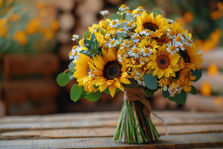 A collection of sunflowers and various other blooms arranged in a vase, showcasing a mix of vibrant colors and textures. The sunflowers stand out with their bright yellow petals, contrasting with the softer hues of the accompanying flowers. The vase holds a bouquet that is visually striking and full of life.の素材