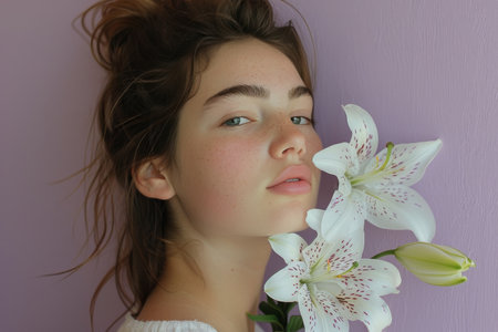 A woman is standing, holding a bouquet of white flowers in her hand. She appears to be outdoors, possibly in a garden or park, with the flowers contrasting against her clothing.の素材