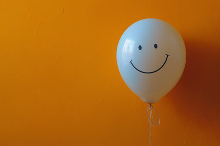 A white balloon featuring a cheerful smiley face drawn on its surface. The smiley face is simple yet expressive, adding a touch of playfulness to the otherwise plain balloon.の素材