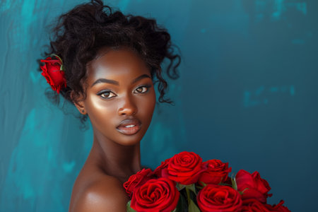 A woman with long brown hair is holding a beautiful bouquet of red roses in her hands. The vibrant red flowers stand out against her white dress, creating a striking contrast. She appears to be admiring the roses with a gentle smile on her face.の素材