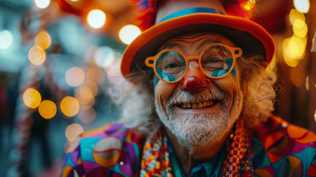 A detailed view of a persons face adorned with colorful and exaggerated clown makeup. The makeup includes exaggerated features like a red nose, painted smile, and oversized eyebrows. The persons eyes are accentuated with bold colors and patterns, adding to the whimsical and eccentric look.の素材
