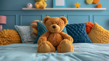 A brown bear is casually seated on a neatly made bed. The plush toys soft fur contrasts with the crisp lines underneath. The scene exudes a comforting and familiar presence in a cozy bedroom setting.の素材
