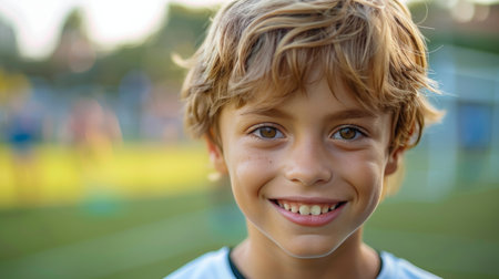 A close-up view of a young individual wearing a blue shirt. The focus is on the persons attire and facial features, showing a casual yet stylish look.の素材