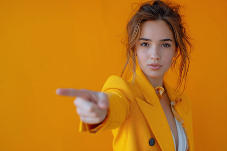 A woman wearing a bright yellow jacket is pointing directly at the camera, making eye contact with the viewer. She stands confidently, with a determined expression on her face.の素材