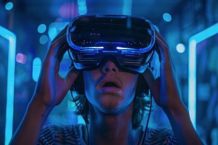 A woman is wearing a virtual reality headset, exploring a digital simulation with focus and concentration. She is immersed in the virtual world, interacting with the environment through hand movements.の素材