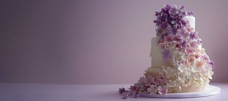 A three-tiered wedding cake covered in smooth white frosting and decorated with delicate purple and white flowers. The flowers are intricately placed on each tier, adding a touch of elegance and beauty to the cake for a special occasion.の素材