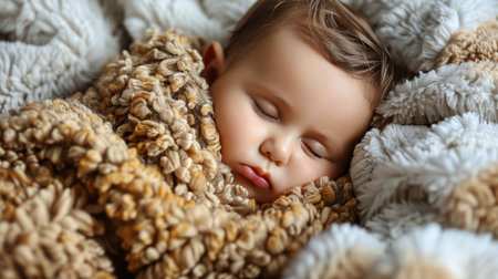 A baby peacefully slumbers on a soft blanket while wearing a cozy hat to keep warm. The infant appears relaxed and content as they nap in a comfortable position.の素材