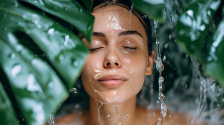 A woman stands under a showerhead, her eyes closed as water cascades over her. She appears and relaxed lost in the moment.の素材