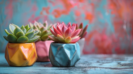 Two potted plants placed on top of a table, with one plant slightly larger than the other. The table is made of wood and has a simple design without any decorations.の素材