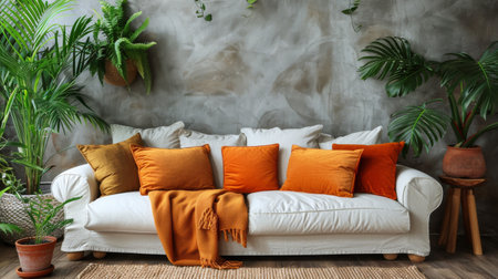This living room showcases a modern aesthetic with a white couch as the focal point. Numerous plants are strategically placed around the room, adding a touch of nature to the clean and sleek design.の素材