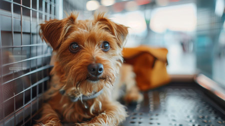 A small brown dog is sitting inside of a cage. The dog appears to be calm and alert as it looks out through the bars of the cage. The cage is made of metal, with a simple design and a door on one side.の素材