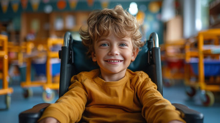 A cheerful young boy sits in a chair, a bright smile lighting up his face. He appears and relaxed content as he enjoys a moment of happiness.の素材