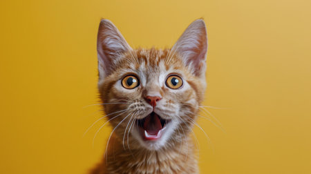 A domestic cat is shown with its mouth agape, displaying its teeth and tongue. The cat appears alert and surprised, possibly reacting to a sudden noise or movement.の素材