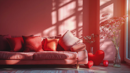 This living room features a vibrant pink couch adorned with bold red pillows. The room is well-lit, showcasing the modern and stylish furniture arrangement.の素材