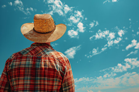 A man wearing a cowboy hat gazes upwards at the sky, his expression contemplative. He stands in an outdoor setting, with a clear view of the open sky above.の素材