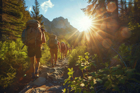 A group of diverse individuals is seen hiking up a rugged trail in a mountainous area. The hikers are dressed in outdoor gear and are carrying backpacks. They are actively trekking forward, surrounded by lush greenery and rocky terrain.の素材