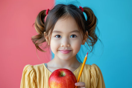 A young girl is holding a pencil in one hand and an apple in the other. She appears focused and engaged, with a curious expression on her face.の素材