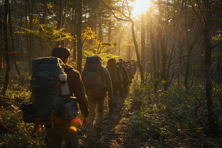 A group of diverse individuals is seen hiking up a rugged trail in a mountainous area. The hikers are dressed in outdoor gear and are carrying backpacks. They are actively trekking forward, surrounded by lush greenery and rocky terrain.の素材