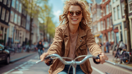 A woman is cycling down a busy city street on a bicycle.の素材