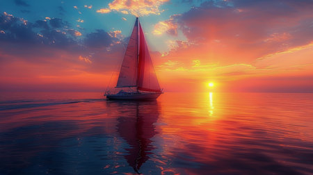 A painting depicting a sailboat sailing on the ocean waters during a vibrant sunset, with the sky illuminated in warm hues.の素材