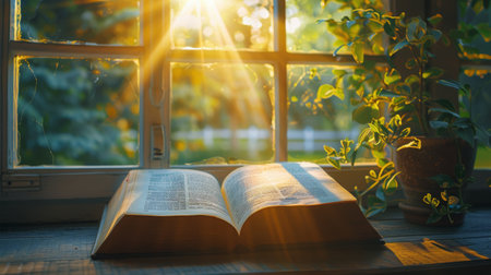 An open book lays on a wooden floor, pages flipped open slightly.の素材