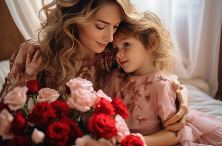 A mother in a red dress lovingly embraces her young child, surrounded by a bouquet of soft pink and white roses.の素材