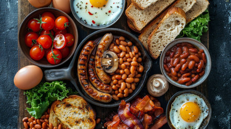 A plate holds a hearty meal featuring eggs, bacon, beans, tomatoes, and mushrooms.の素材