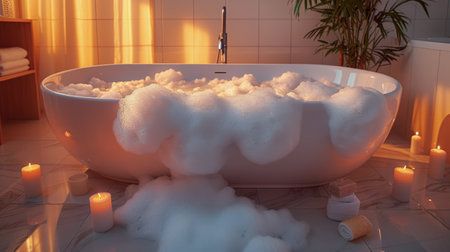 A bathtub filled with foam stands beside a window, creating a cozy and relaxing atmosphere in a domestic setting.の素材