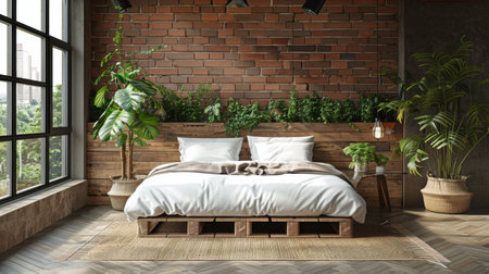 A bed is placed in a bedroom near a window, creating a cozy setup with natural light shining in.の素材