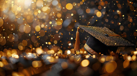 A black graduation cap with a gold tassel on top.の素材