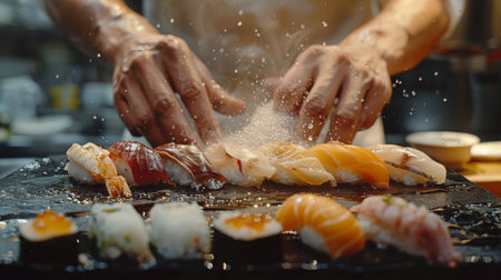 A person is busy preparing sushi rolls on a table, meticulously assembling ingredients and rolling them into perfect shapes.の素材