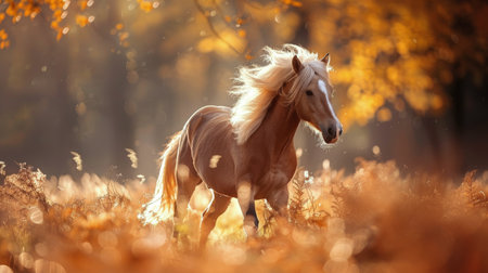 A horse in full stride, running through a lush field of tall grass under a clear sky. AI Generativeの素材