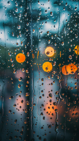 Rain drops are visible on a window pane, with buildings in the background. The drops cascade down the glass, distorting the view of the cityscape behind.の素材