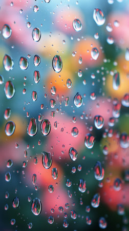 Rain drops are visible on a window pane, with buildings in the background. The drops cascade down the glass, distorting the view of the cityscape behind.の素材