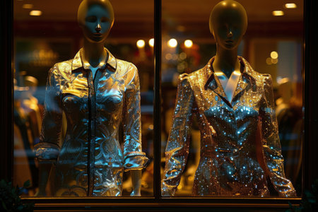 Two mannequins are displayed in a store window, wearing shiny clothing that catches the eye of passersby. The mannequins stand tall and elegant, showcasing the latest fashion trends to attract customers.の素材