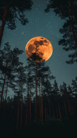 A full moon illuminates the night sky above a cluster of trees, casting a soft glow on the branches and leaves below.の素材