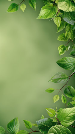 The image showcases a vibrant green background filled with an abundance of leaves and branches. The leaves are varying shades of green and are attached to thin, twisting branches. The branches are intertwined, creating a dense and intricate pattern across the entire frame. The leaves appear to be fresh and healthy, with a few smaller branches visible among them.の素材